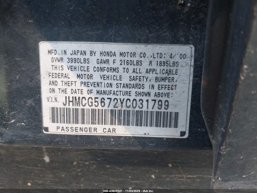 JHMCG5672YC031799 2000 HONDA ACCORD photo no. 9