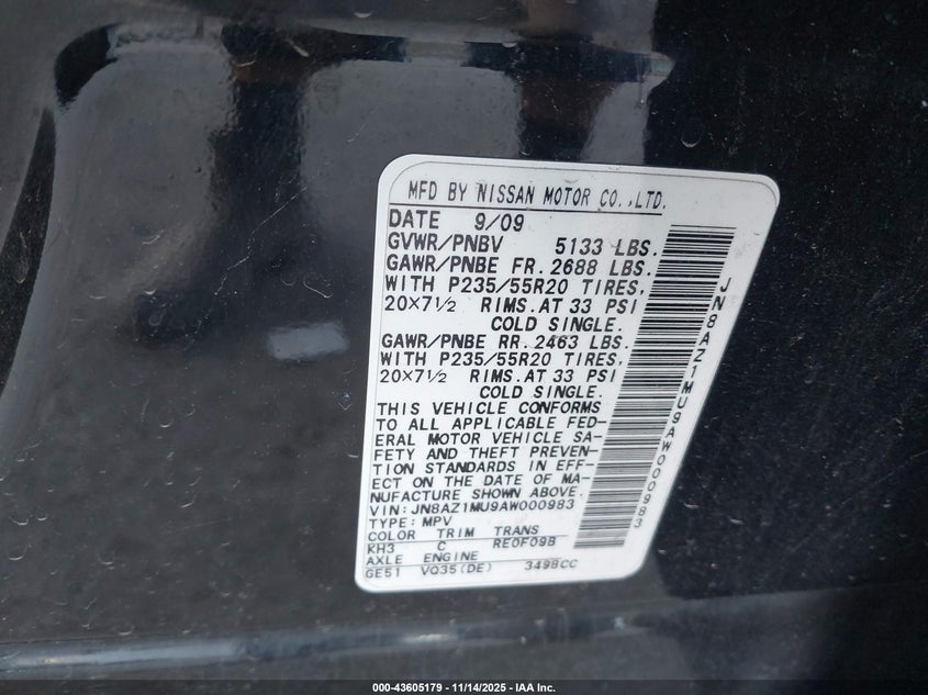 JN8AZ1MU9AW000983 2010 NISSAN MURANO photo no. 9