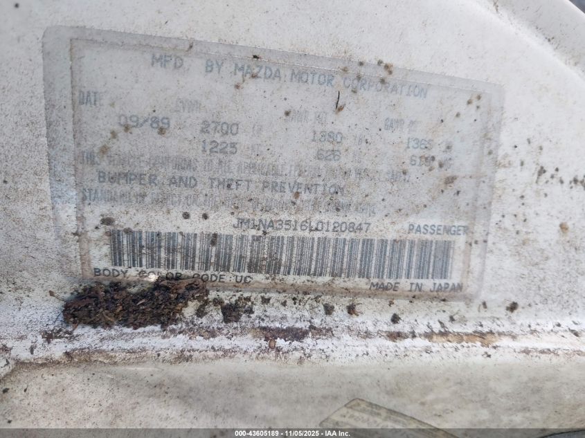 1990 Mazda Mx-5 Miata VIN: JM1NA3516L0120847 Lot: 43605189