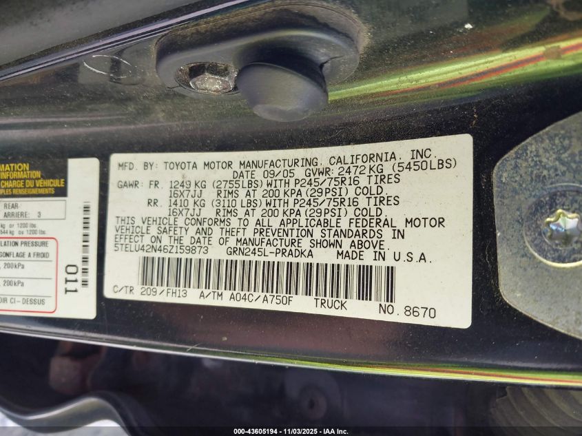 2006 Toyota Tacoma Base V6 VIN: 5TELU42N46Z159873 Lot: 43605194