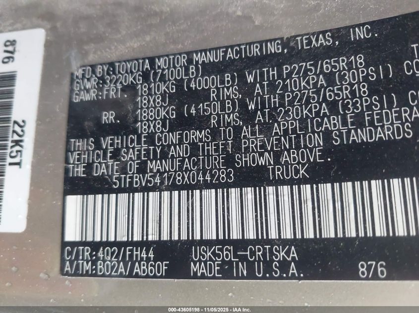 2008 Toyota Tundra Sr5 5.7L V8 VIN: 5TFBV54178X044283 Lot: 43605198