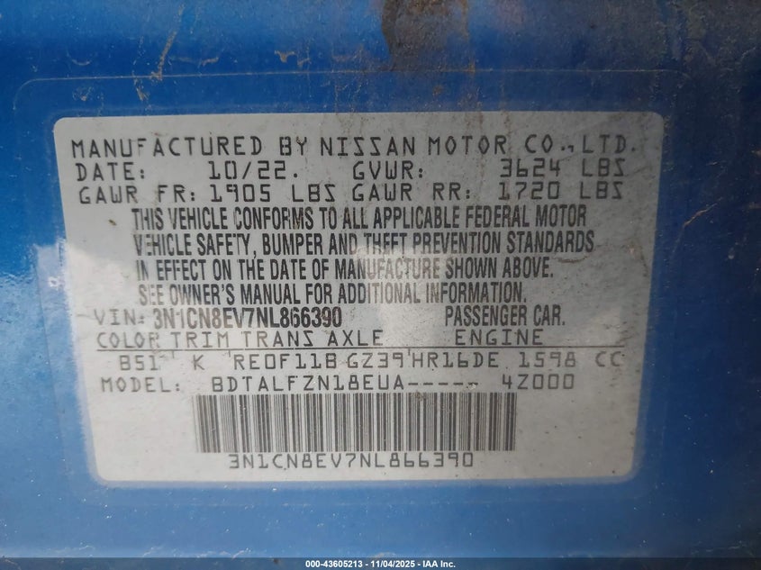 2022 Nissan Versa 1.6 Sv Xtronic Cvt VIN: 3N1CN8EV7NL866390 Lot: 43605213