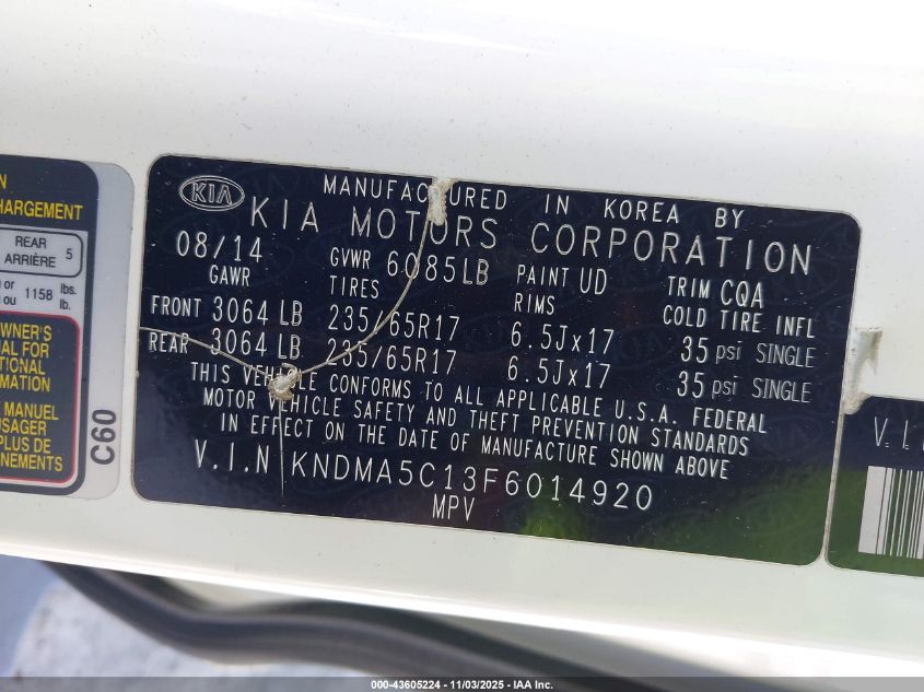 2015 Kia Sedona L VIN: KNDMA5C13F6014920 Lot: 43605224