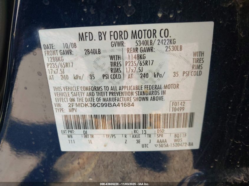 2009 Ford Edge Se VIN: 2FMDK36C99BA41684 Lot: 43605228