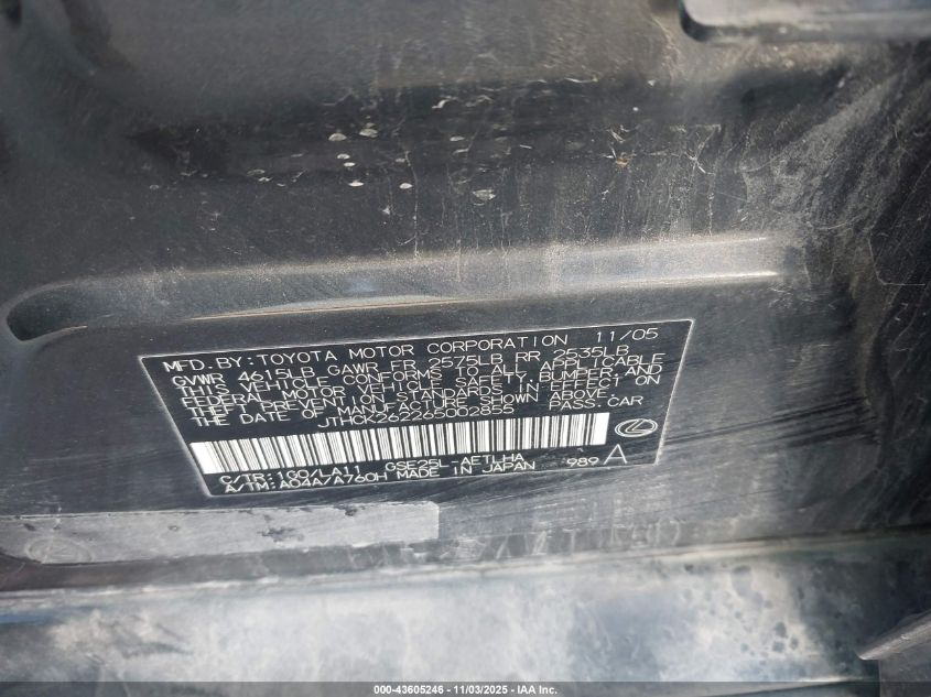 2006 Lexus Is 250 VIN: JTHCK262265002855 Lot: 43605246