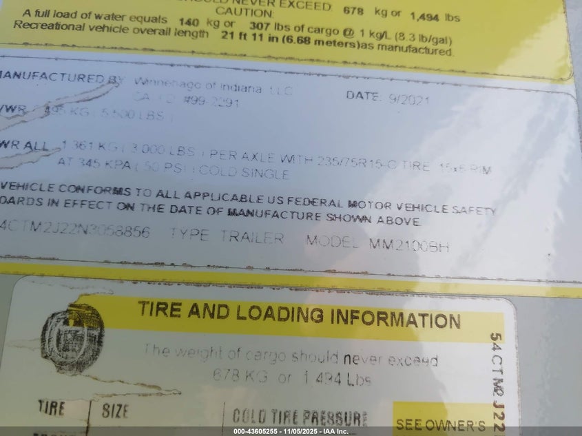 VIN 54CTM2J22N3058856 2022 WINNEBAGO OF INDIANA MICRO MINNIE 2100