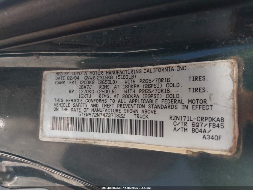 5TEWM72N74Z370822 2004 TOYOTA TACOMA photo no. 9