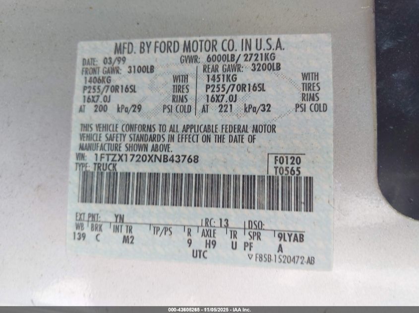 1999 Ford F-150 Work Series/Xl/Xlt VIN: 1FTZX1720XNB43768 Lot: 43605265