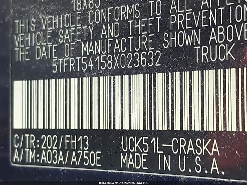 2008 Toyota Tundra Base 4.7L V8 VIN: 5TFRT54158X023632 Lot: 43605272