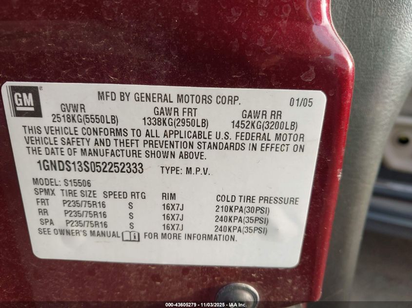 2005 Chevrolet Trailblazer Ls VIN: 1GNDS13S052252333 Lot: 43605279