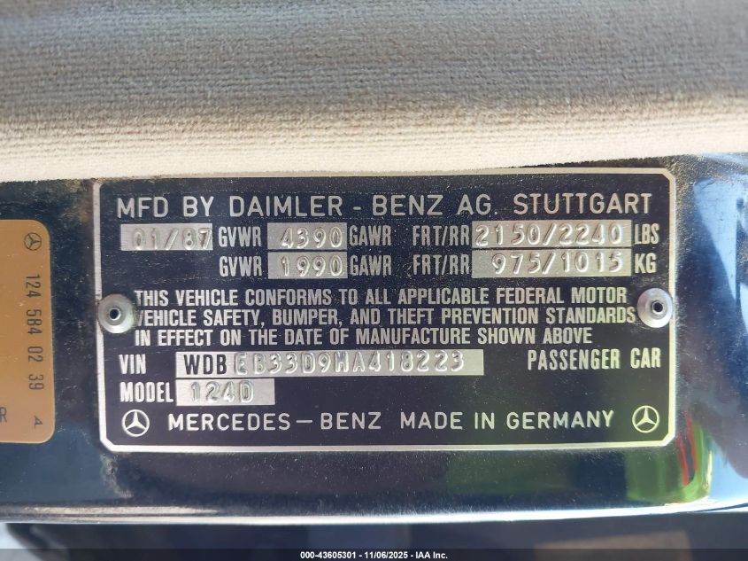 1987 Mercedes-Benz 300 Dt VIN: WDBEB33D9HA418223 Lot: 43605301
