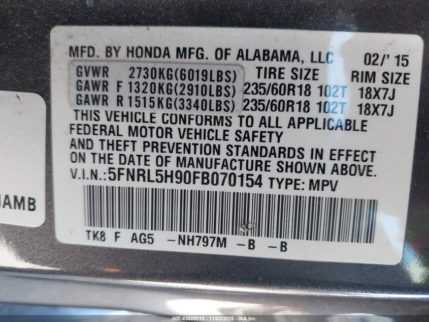 2015 HONDA ODYSSEY TOURING/TOURING ELITE - 5FNRL5H90FB070154