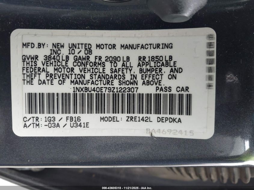 2009 Toyota Corolla Le VIN: 1NXBU40E79Z122307 Lot: 43605318