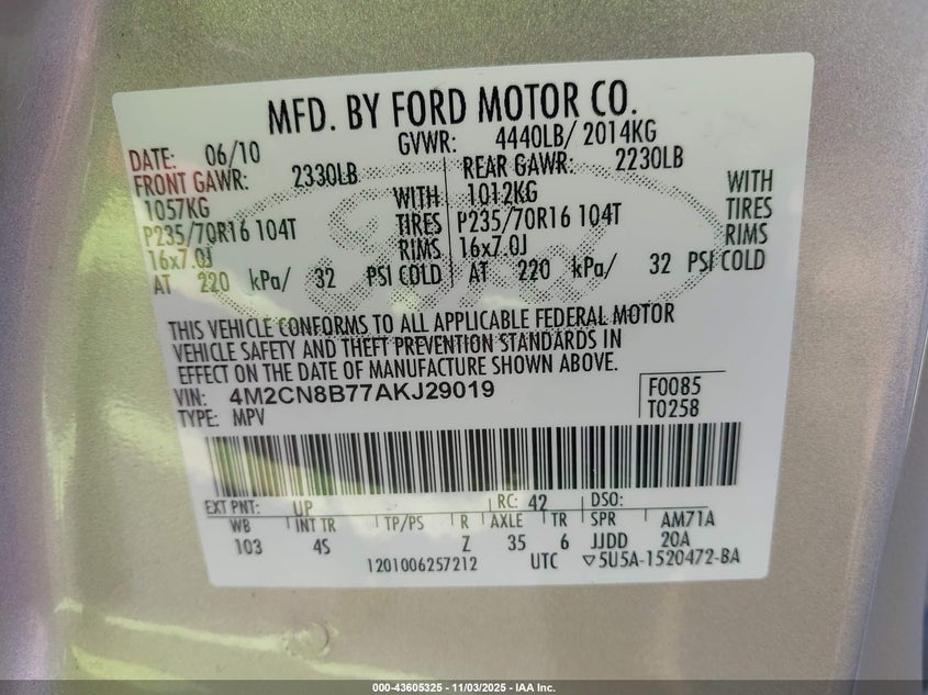 4M2CN8B77AKJ29019 2010 MERCURY MARINER photo no. 9