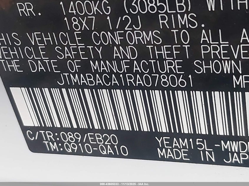 2024 Toyota Bz4X Xle VIN: JTMABACA1RA078061 Lot: 43605333