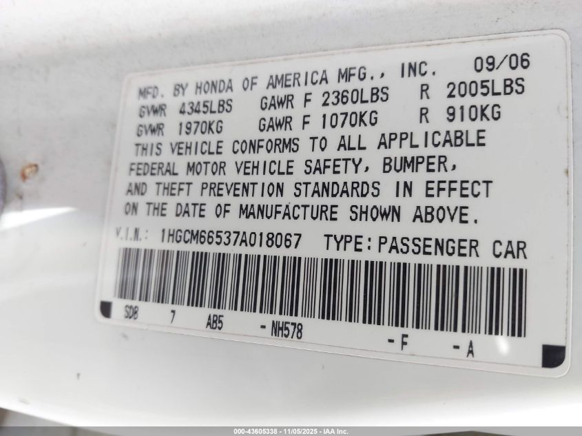 2007 Honda Accord 3.0 Ex VIN: 1HGCM66537A018067 Lot: 43605338