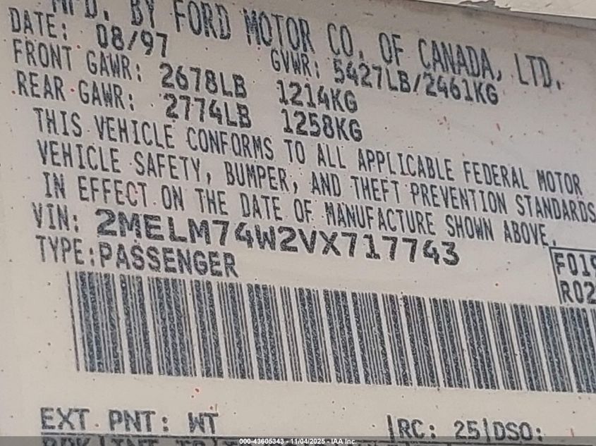 1997 Mercury Grand Marquis Gs VIN: 2MELM74W2VX717743 Lot: 43605343