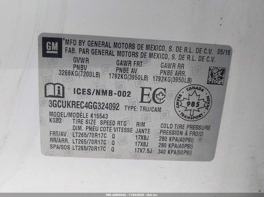 2016 CHEVROLET SILVERADO 1500 1LT/2LT 3GCUKREC4GG324092