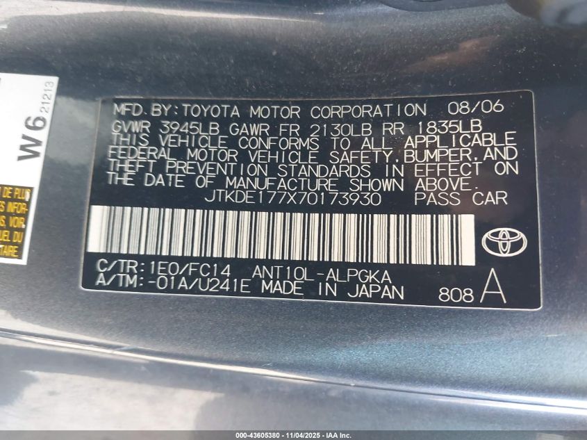 2007 Scion Tc VIN: JTKDE177X70173930 Lot: 43605380