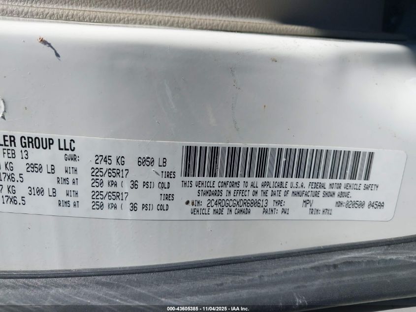 2013 Dodge Grand Caravan Sxt VIN: 2C4RDGCGXDR680613 Lot: 43605385