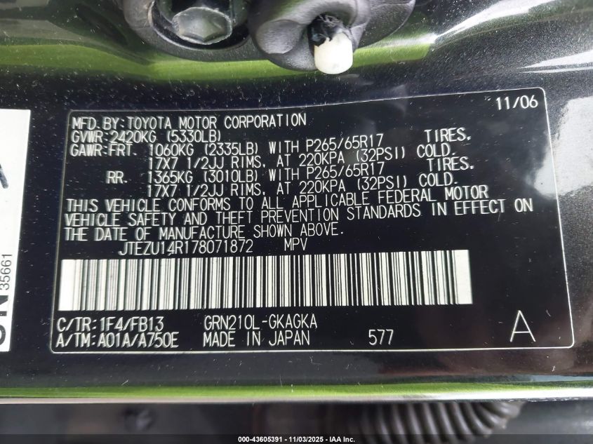 2007 Toyota 4Runner Sport V6 VIN: JTEZU14R178071872 Lot: 43605391