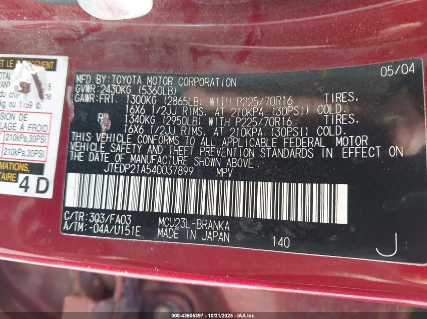 2004 Toyota Highlander V6 VIN: JTEDP21A540037899 Lot: 43605397