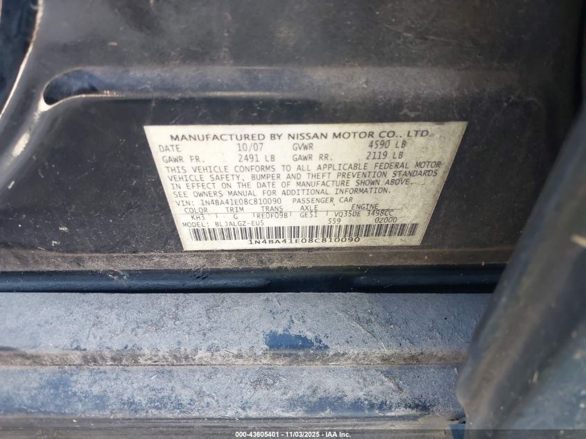 2008 Nissan Maxima 3.5 Sl VIN: 1N4BA41E08C810090 Lot: 43605401