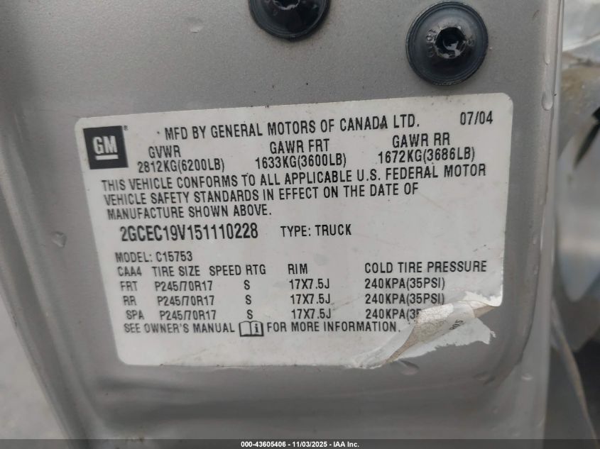 2005 Chevrolet Silverado 1500 Ls VIN: 2GCEC19V151110228 Lot: 43605406