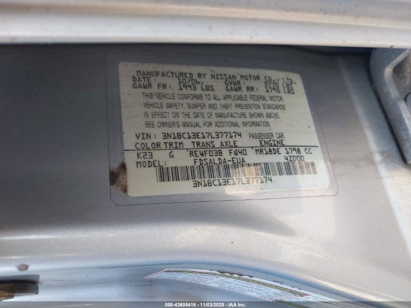 2007 Nissan Versa 1.8S VIN: 3N1BC13E17L377174 Lot: 43605416