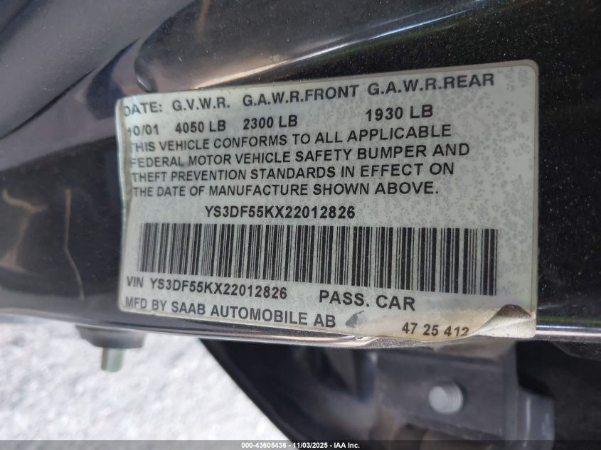 2002 Saab 9-3 Se VIN: YS3DF55KX22012826 Lot: 43605436