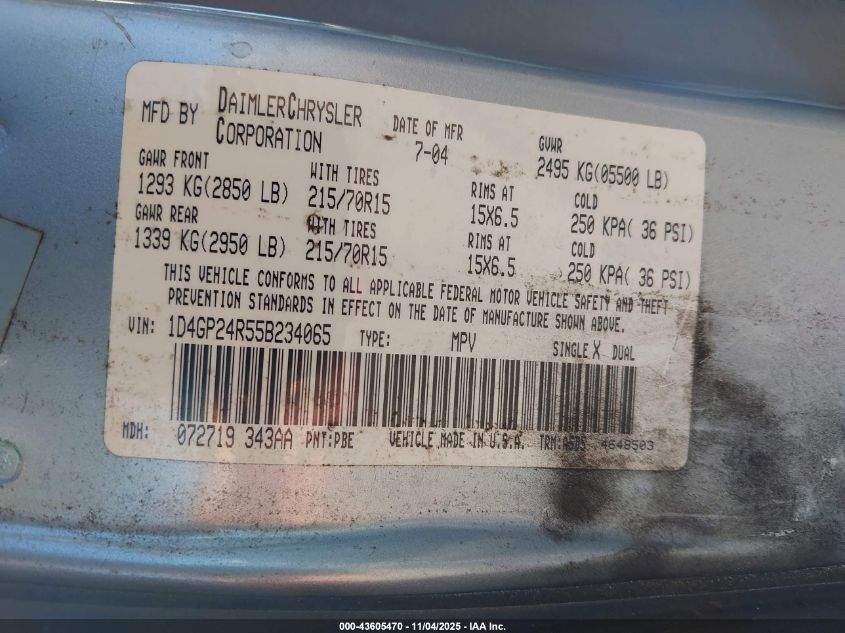 2005 Dodge Grand Caravan Se VIN: 1D4GP24R55B234065 Lot: 43605470