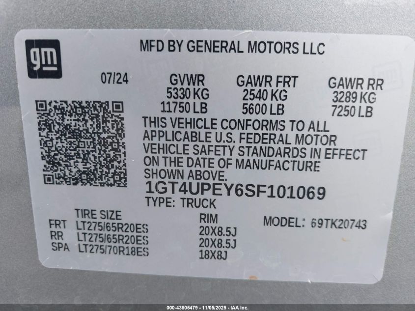 2025 GMC Sierra 2500Hd 4Wd Standard Bed At4 VIN: 1GT4UPEY6SF101069 Lot: 43605479