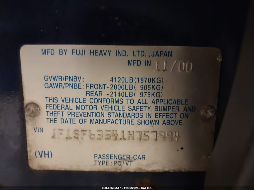 2001 Subaru Forester L VIN: JF1SF63541H757994 Lot: 43605547