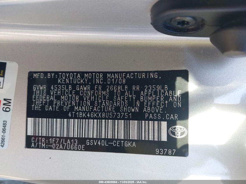 2008 Toyota Camry Xle V6 VIN: 4T1BK46KX8U573751 Lot: 43605564