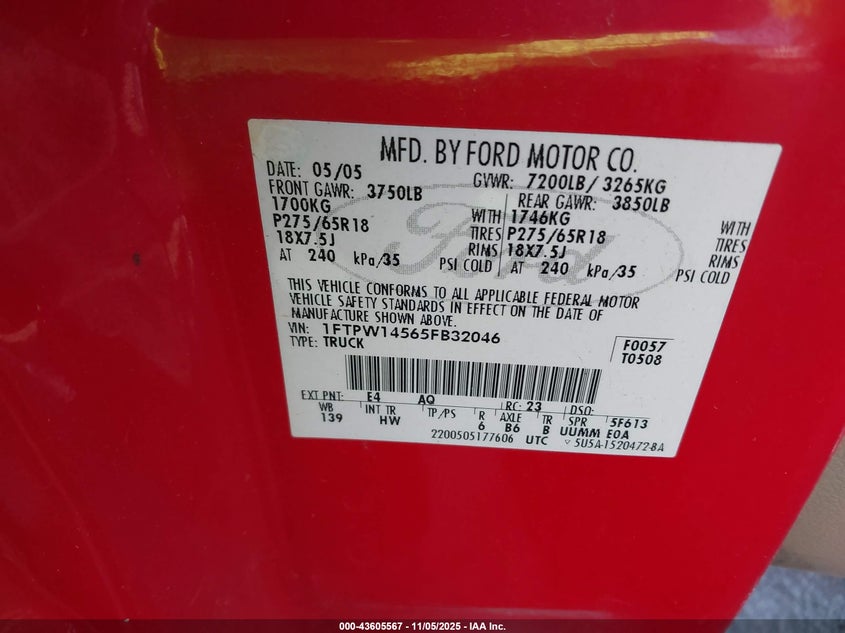 1FTPW14565FB32046 2005 FORD F-150 photo no. 9