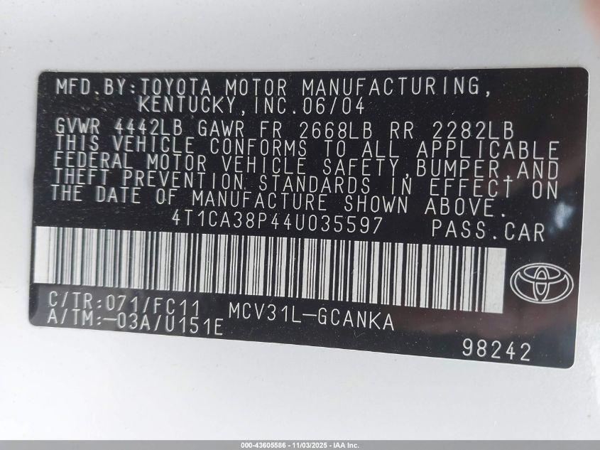 2004 Toyota Camry Solara Se Sport V6 VIN: 4T1CA38P44U035597 Lot: 43605586