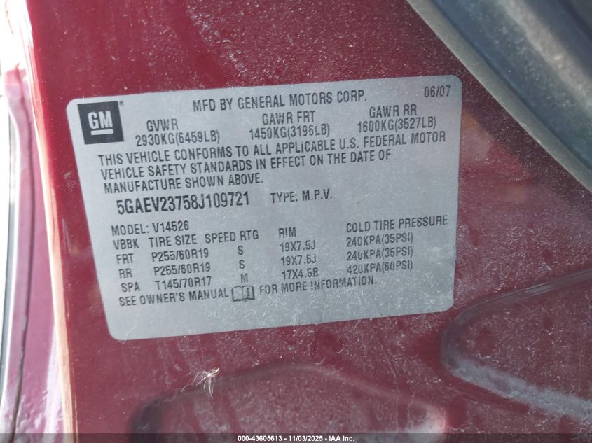 2008 Buick Enclave Cxl VIN: 5GAEV23758J109721 Lot: 43605613