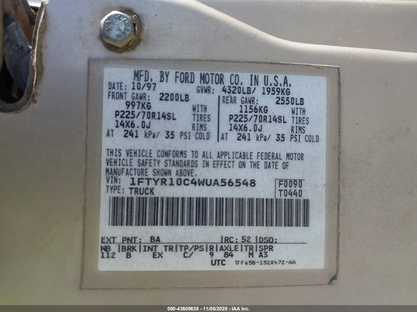 1998 Ford Ranger Splash/Xl/Xlt VIN: 1FTYR10C4WUA56548 Lot: 43605635