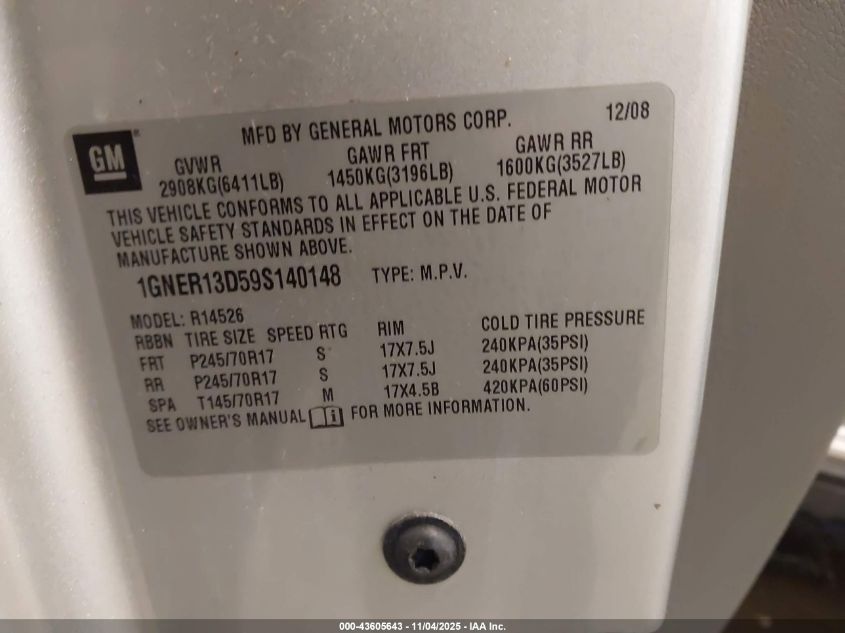 2009 Chevrolet Traverse Ls VIN: 1GNER13D59S140148 Lot: 43605643