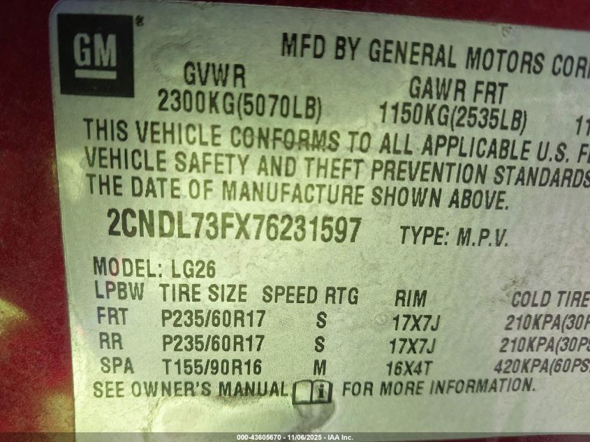 2007 Chevrolet Equinox Lt VIN: 2CNDL73FX76231597 Lot: 43605670