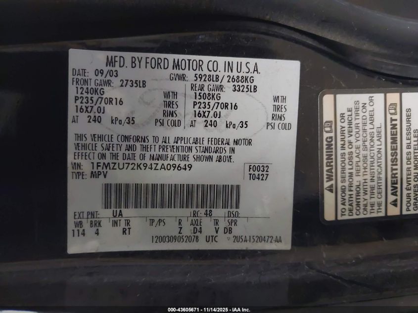 2004 Ford Explorer Xls VIN: 1FMZU72K94ZA09649 Lot: 43605671