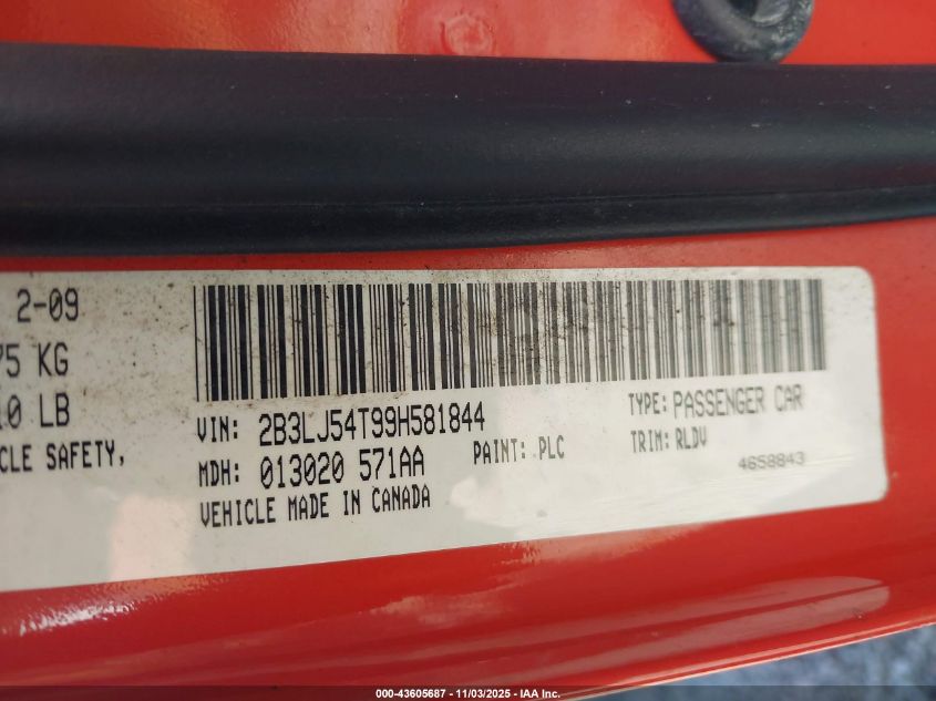 2009 Dodge Challenger R/T VIN: 2B3LJ54T99H581844 Lot: 43605687