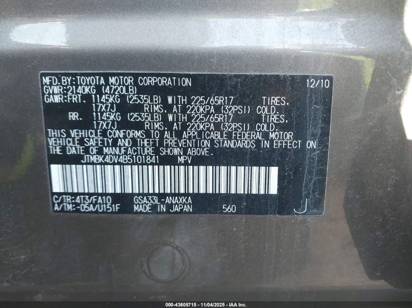 2011 Toyota Rav4 Base V6 VIN: JTMBK4DV4B5101841 Lot: 43605715