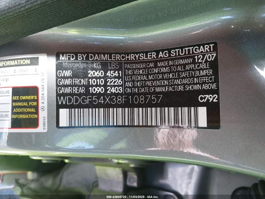 2008 Mercedes-Benz C 300 Luxury/Sport VIN: WDDGF54X38F108757 Lot: 43605720