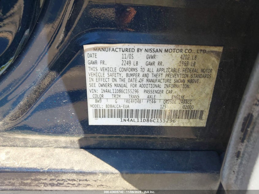 1N4AL11D86C155296 2006 NISSAN ALTIMA photo no. 9