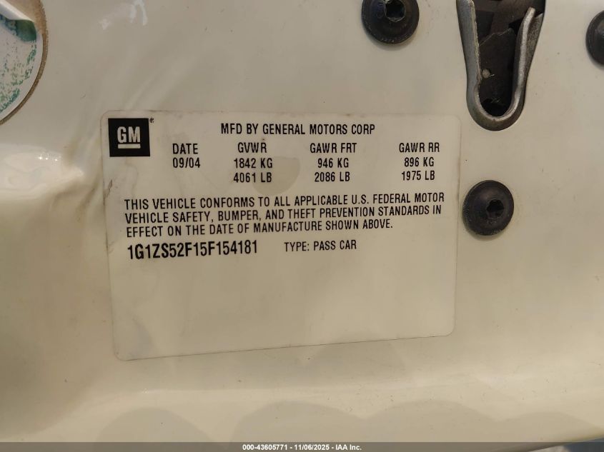 2005 Chevrolet Malibu VIN: 1G1ZS52F15F154181 Lot: 43605771