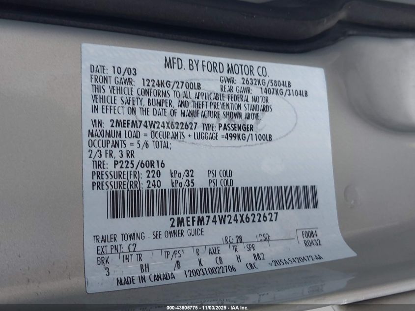 2004 Mercury Grand Marquis Gs VIN: 2MEFM74W24X622627 Lot: 43605775