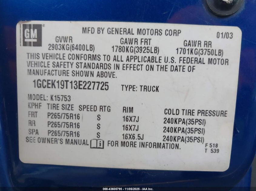 2003 Chevrolet Silverado 1500 Lt VIN: 1GCEK19T13E227725 Lot: 43605795