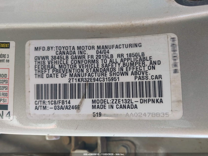 2004 Toyota Matrix Xr VIN: 2T1KR32E94C315951 Lot: 43605810