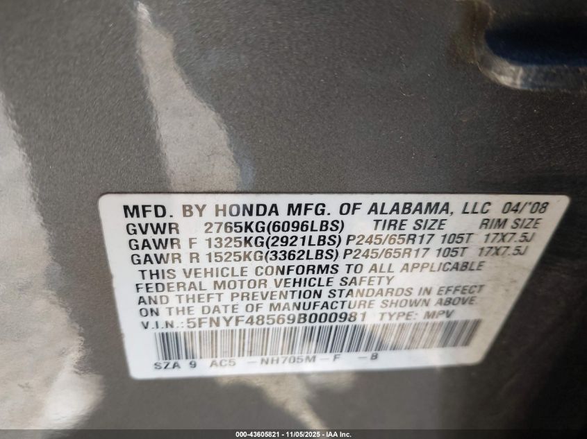 2009 Honda Pilot Ex-L VIN: 5FNYF48569B000981 Lot: 43605821